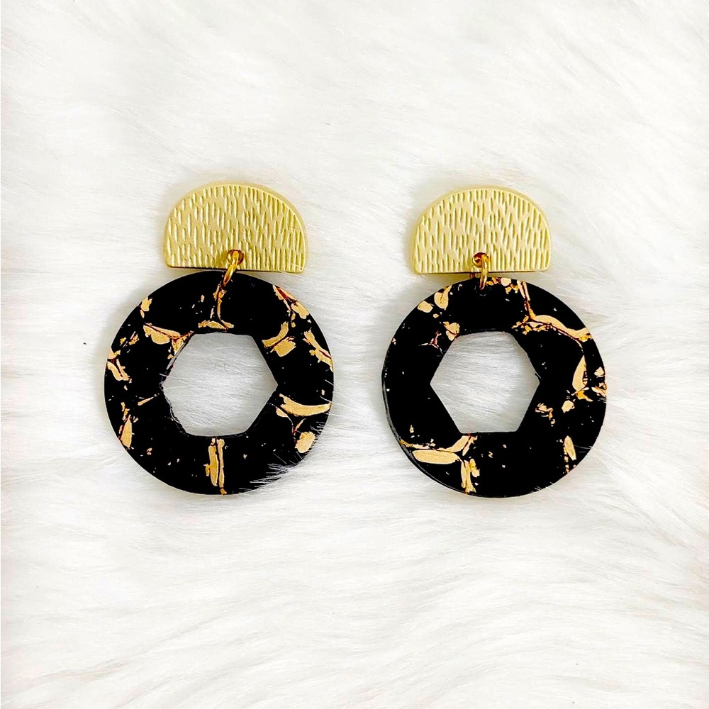 Black and Gold Clay Hoop Earrings